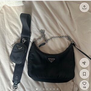 Prada Black Nylon Shoulder Bag with Chain Detail
